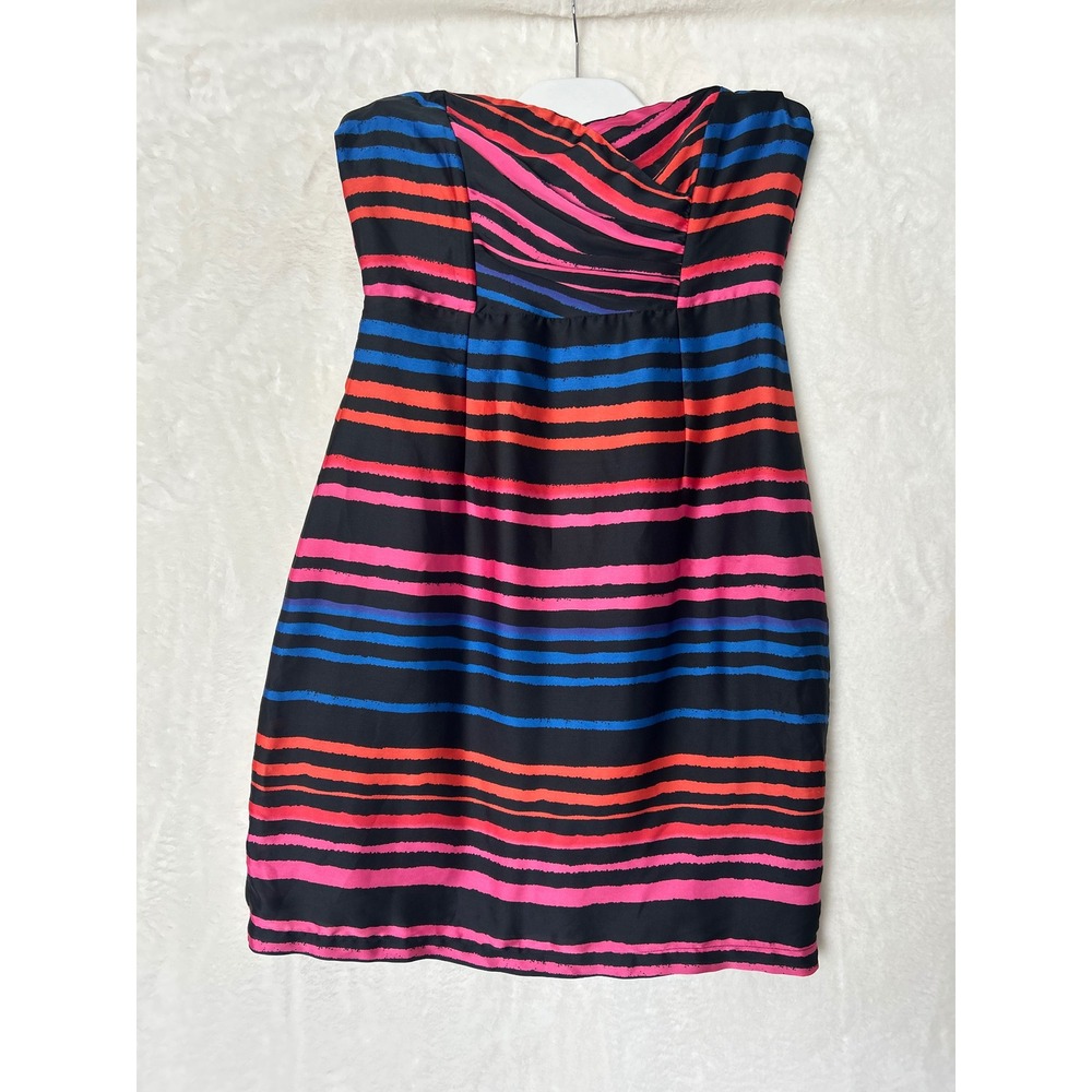 HM Strapless Striped Mini Dress Pink Blue‎ Black Sweetheart Cocktail Size 10